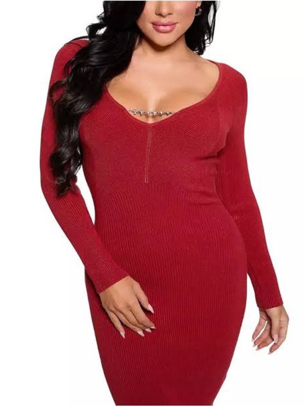 Guess Red Long Sleeve Ribbed Bodycon Dress